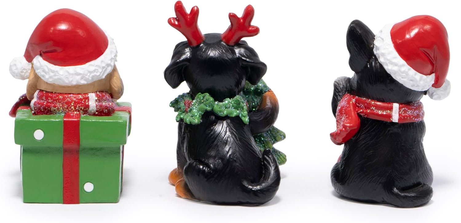 Hodao Christmas Puppy Figurines Set of 3 – Mini Resin Dog Ornaments with Santa Hat, Reindeer Antlers & Gift Box – 3.25in Tabletop Decor for Indoor Home Decorations, Cute Holiday Collectible Gift