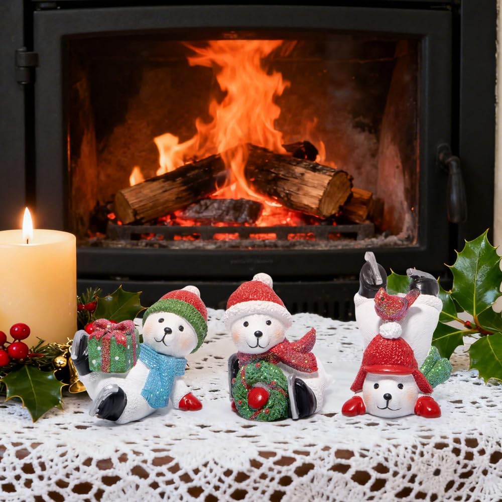 Hodao Christmas Polar Bear Figurines Set of 3 – Hand-Painted Resin with Santa Hats, Wreath, Present & Cardinal – Winter Holiday Decor & Gift for Tabletop, Mantel, Tiered Tray, Windowsill