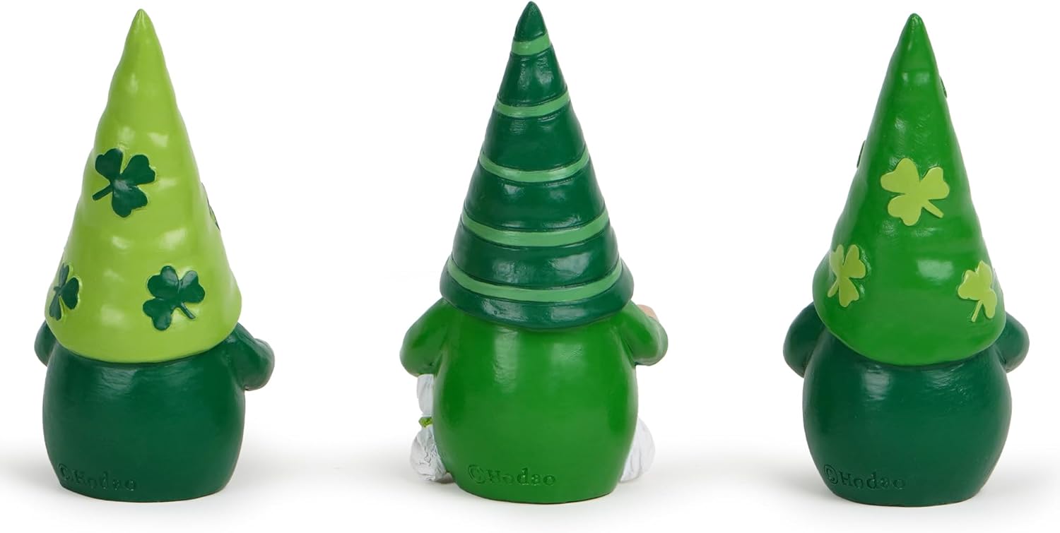Hodao St. Patrick’s Gnomes Figurines— Hand-Painted Resin Leprechaun Gnomes with Pot of Gold, Horseshoe & Shamrock, Lucky Green Home Decor & Gift