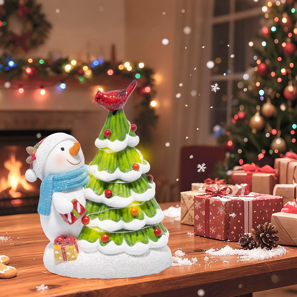 Hodao Christmas Tree Figurine Decorations — Lighted Hand-Painted Resin Snowman with Cardinal, Tabletop Decor for Family or Friends | Mantel, Shelf, Living Room Display