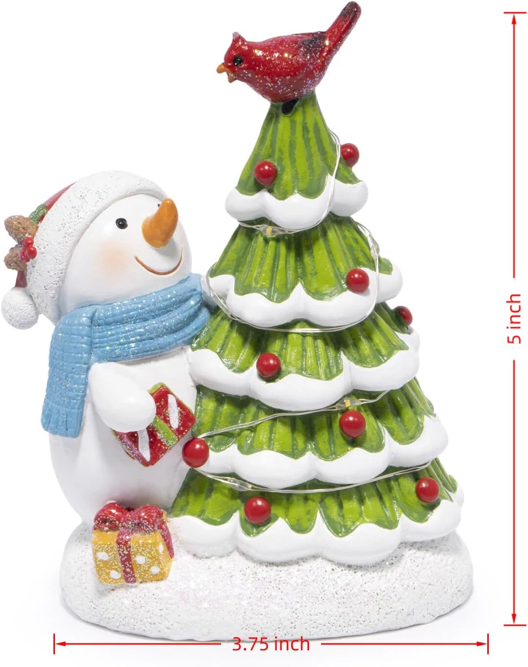 Hodao Christmas Tree Figurine Decorations — Lighted Hand-Painted Resin Snowman with Cardinal, Tabletop Decor for Family or Friends | Mantel, Shelf, Living Room Display