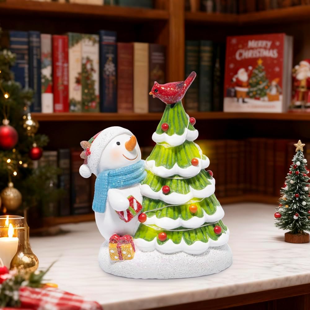 Hodao Christmas Tree Figurine Decorations — Lighted Hand-Painted Resin Snowman with Cardinal, Tabletop Decor for Family or Friends | Mantel, Shelf, Living Room Display