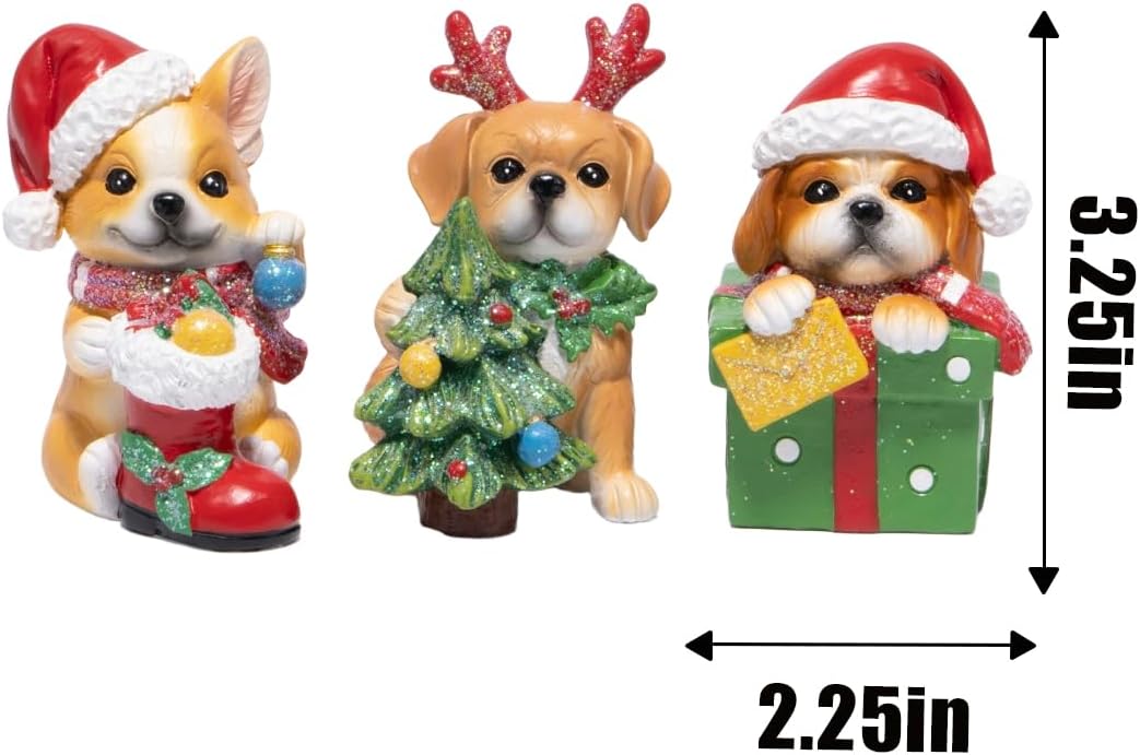 Hodao Christmas Puppy Figurines Set of 3 – Mini Resin Dog Ornaments with Santa Hat, Reindeer Antlers & Gift Box – 3.25in Tabletop Decor for Indoor Home Decorations, Cute Holiday Collectible Gift