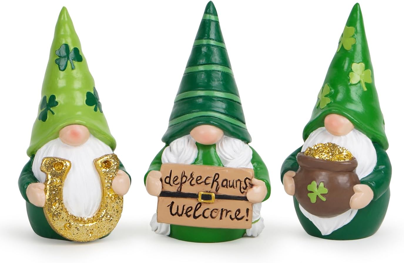 Hodao St. Patrick’s Gnomes Figurines— Hand-Painted Resin Leprechaun Gnomes with Pot of Gold, Horseshoe & Shamrock, Lucky Green Home Decor & Gift