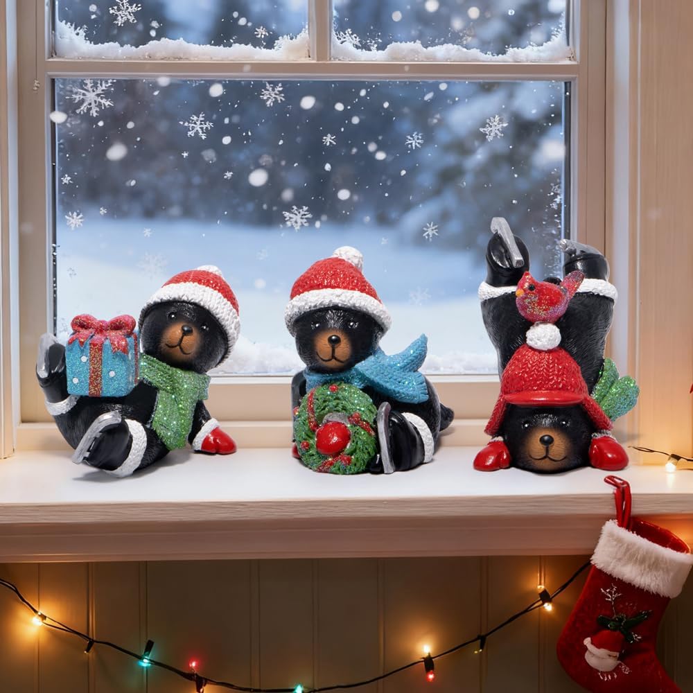 Hodao Christmas Polar Bear Figurines Set of 3 – Hand-Painted Resin with Santa Hats, Wreath, Present & Cardinal – Winter Holiday Decor & Gift for Tabletop, Mantel, Tiered Tray, Windowsill
