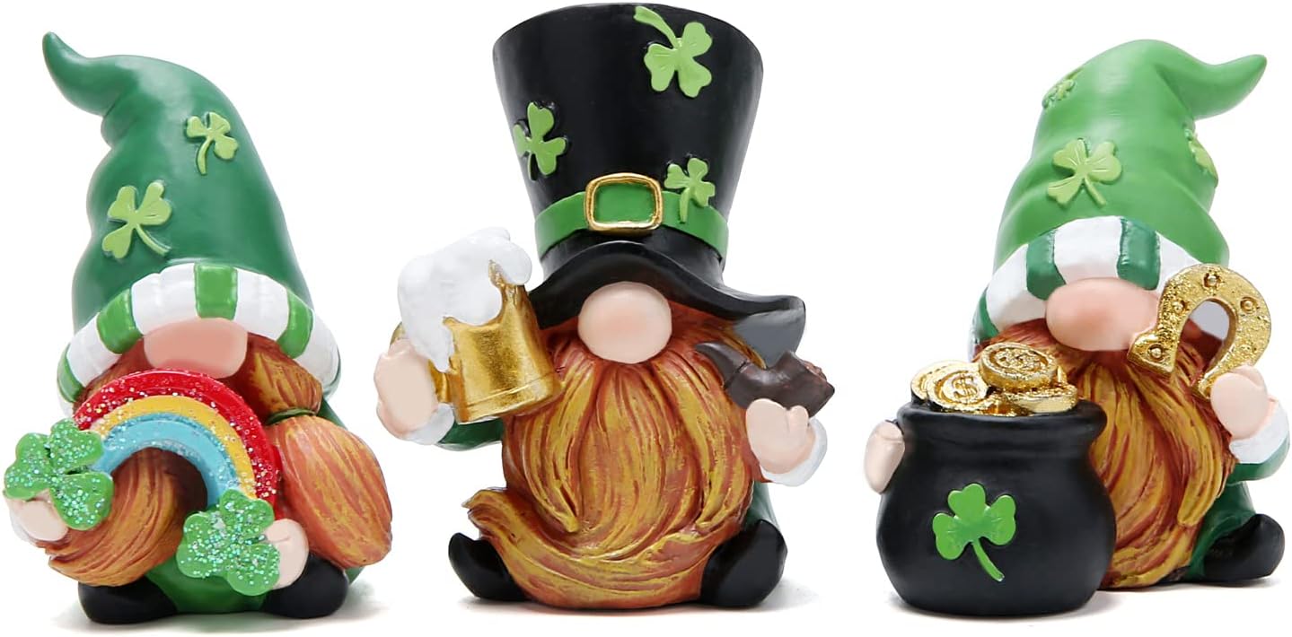 Hodao 3 PCS St Patricks Day Gnome Decorations Beard Elf for St Patrick's Day Decor Home Table Ornament Decor Dwarf Figurines for St. Patricks Day Gifts Green Irish Handmade Gnome Decoration