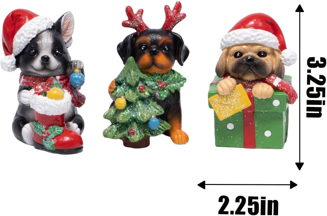 Hodao Christmas Puppy Figurines Set of 3 – Mini Resin Dog Ornaments with Santa Hat, Reindeer Antlers & Gift Box – 3.25in Tabletop Decor for Indoor Home Decorations, Cute Holiday Collectible Gift