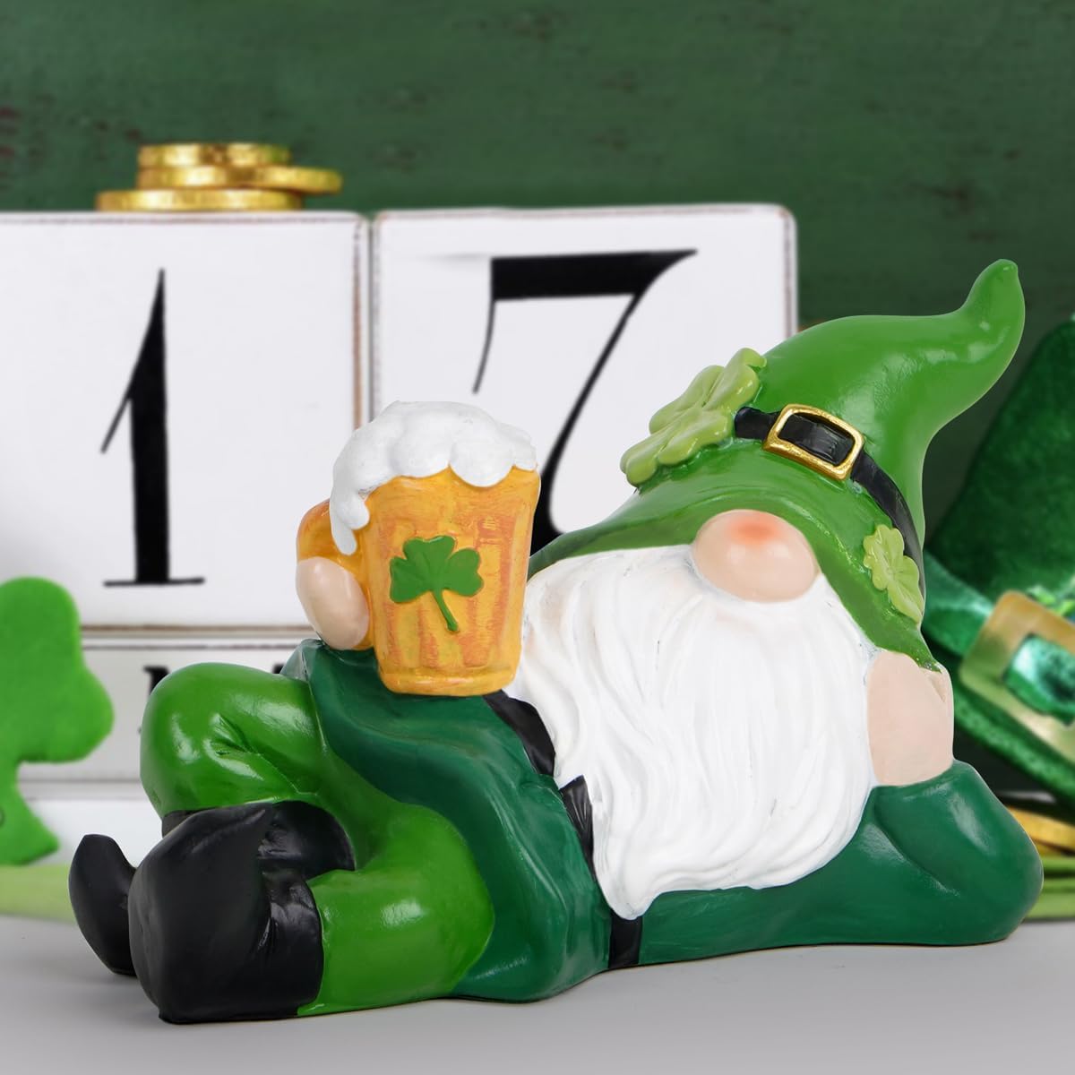 Hodao St. Patrick’s Day Gnome — Hand-Painted Resin Lounging Leprechaun with Beer Mug & Shamrock | Lucky Green Home, Bar & Party Decor, Fun Gift