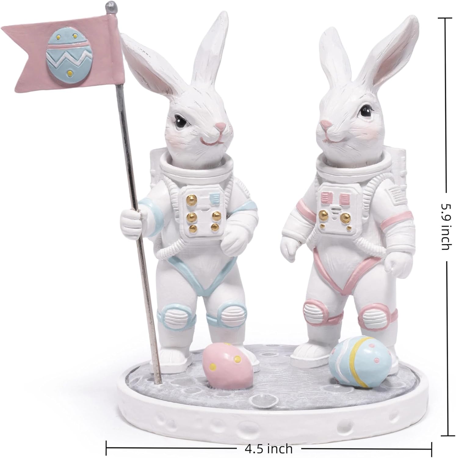 Hodao Astronaut Bunny Figurines – Space Easter Rabbit Decor with Flag & Moon Base, Cute Spring Tabletop Statue for Desk, Shelf & Nursery, Giftable Collectible Home Accent