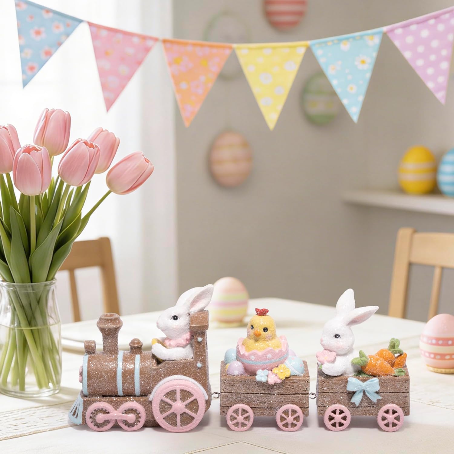 Hodao Easter Bunny Train Figurine – Rustic Brown Wood-Look Tabletop Decor with Chicks & Egg Cart, Spring Pastel Home Accent for Mantel, Shelf & Tiered Tray, Giftable Easter Decoration