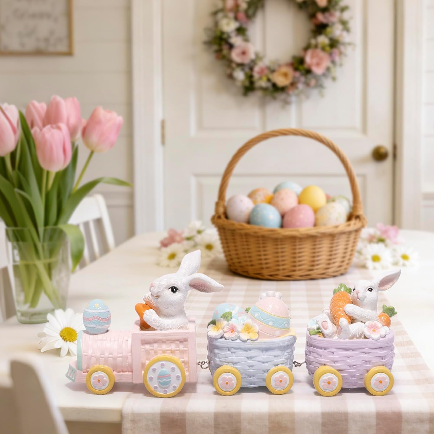 Hodao Happy Easter Bunny Train Figurine – Pastel Pink Spring Tabletop Decor with Egg & Basket Carts, Cute Rabbit Home Accent for Mantel, Shelf & Tiered Tray, Giftable Easter Decoration