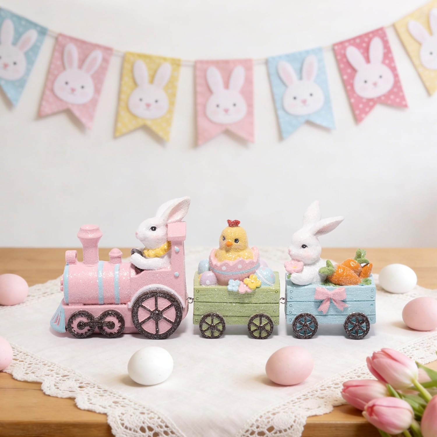 Hodao Easter Bunny Train Figurine – Pastel Pink Locomotive with Wood-Plank Carts, Chick-in-Egg & Bunny Basket Scene, Spring Tabletop Decor for Mantel, Shelf & Tiered Tray, Giftable Easter Accent