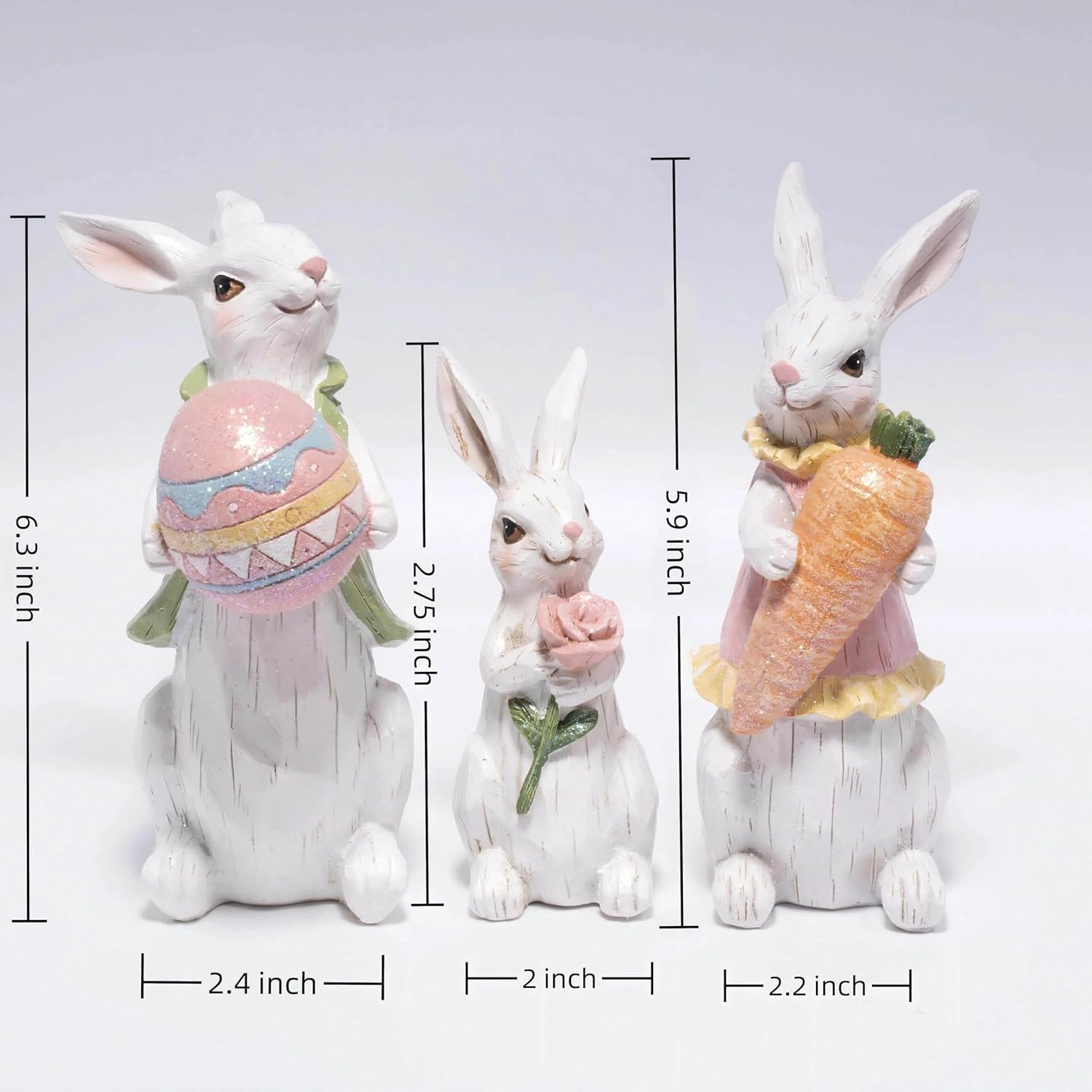 Hodao Easter Bunny Family Figurine Decoration, Pastel Resin Rabbit Statue with Carrot, Easter Egg and Flower, Spring Tabletop Decor for Home Shelf Mantel Gift