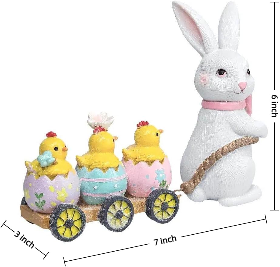 Hodao Easter Bunny Pulling Cart Figurine – Rabbit with Chicks in Painted Egg Wagon, Spring Tabletop Decor for Mantel & Tiered Tray, Giftable with “Happy Easter” Box Packaging