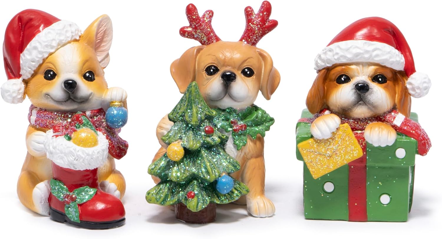 Hodao Christmas Puppy Figurines Set of 3 – Mini Resin Dog Ornaments with Santa Hat, Reindeer Antlers & Gift Box – 3.25in Tabletop Decor for Indoor Home Decorations, Cute Holiday Collectible Gift