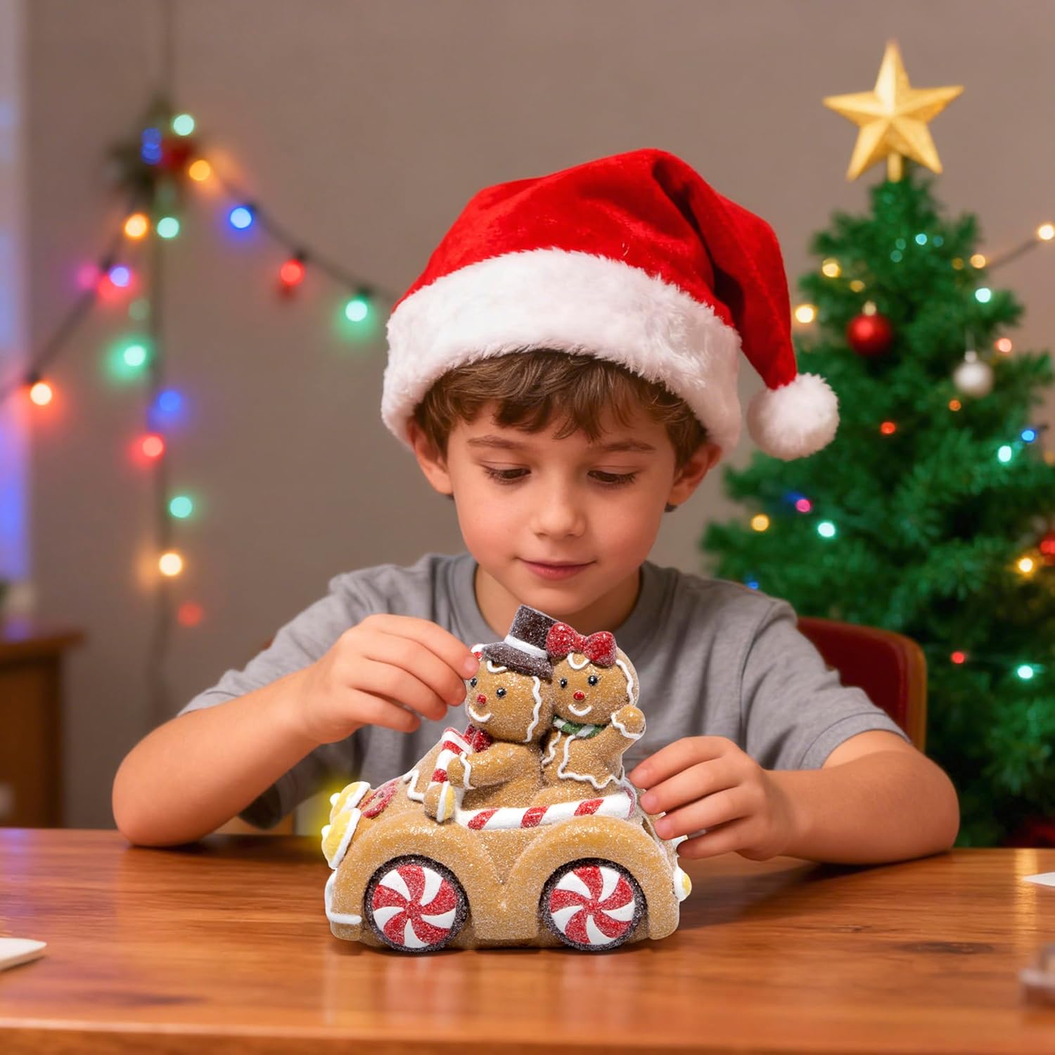 Hodao Christmas Gingerbread Car Decoration – Gingerbread Couple Figurine Driving Holiday Car with Lights, Festive Christmas Ornament for Home, Table, Mantel, Living Room Decor