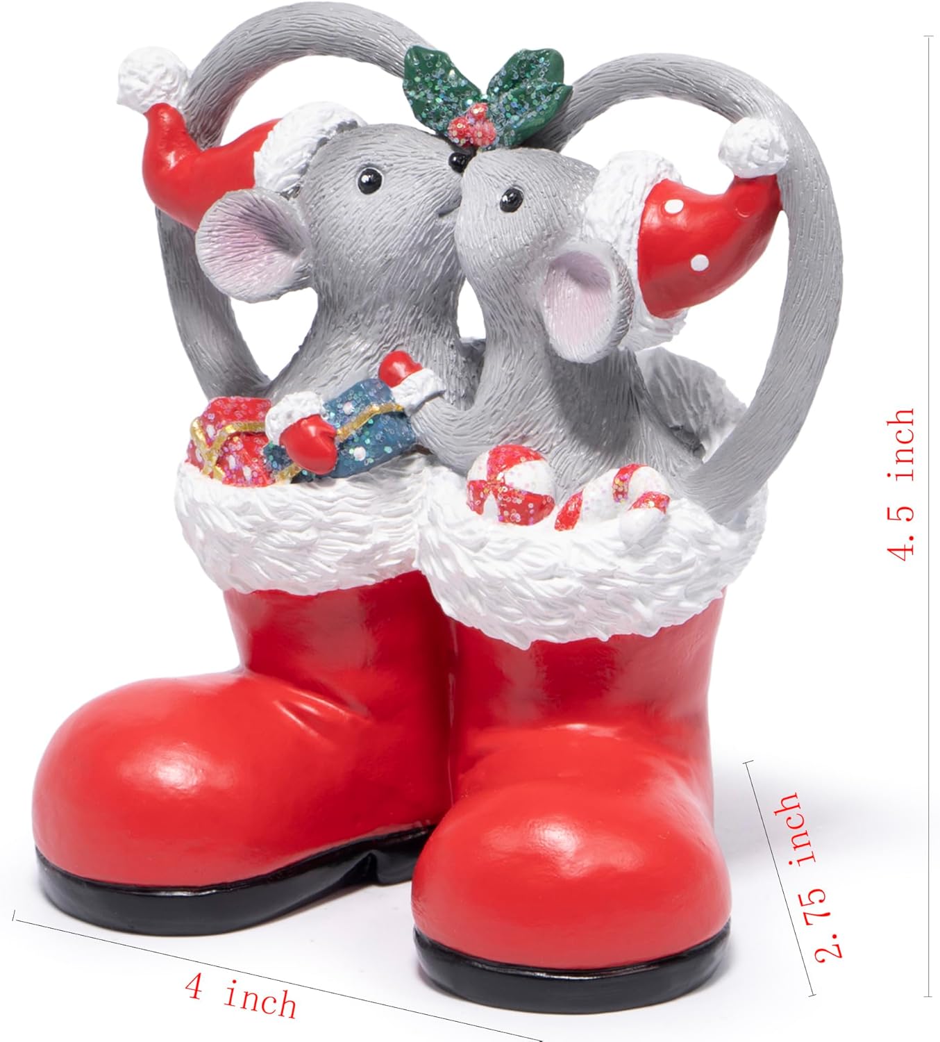 Hodao Christmas Mouse Figurines in Red Santa Shoe – Cute Holiday Couple with Gifts & Ornaments, Festive Home Table Shelf, Entryway, Mantel Decoration