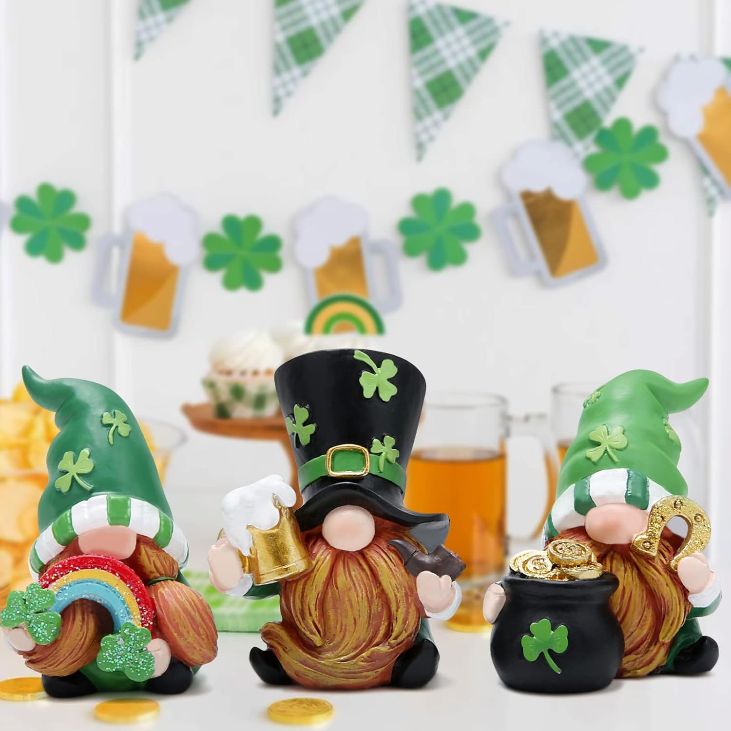 Hodao 3 PCS St Patricks Day Gnome Decorations Beard Elf for St Patrick's Day Decor Home Table Ornament Decor Dwarf Figurines for St. Patricks Day Gifts Green Irish Handmade Gnome Decoration