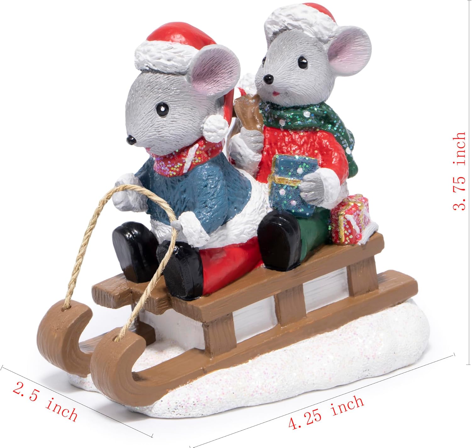 Hodao Christmas Mouse Figurines with Sleigh – Adorable Holiday Decoration Mice in Santa Hats, Festival Christmas Home Decor, Table Centerpiece, Winter Gifts