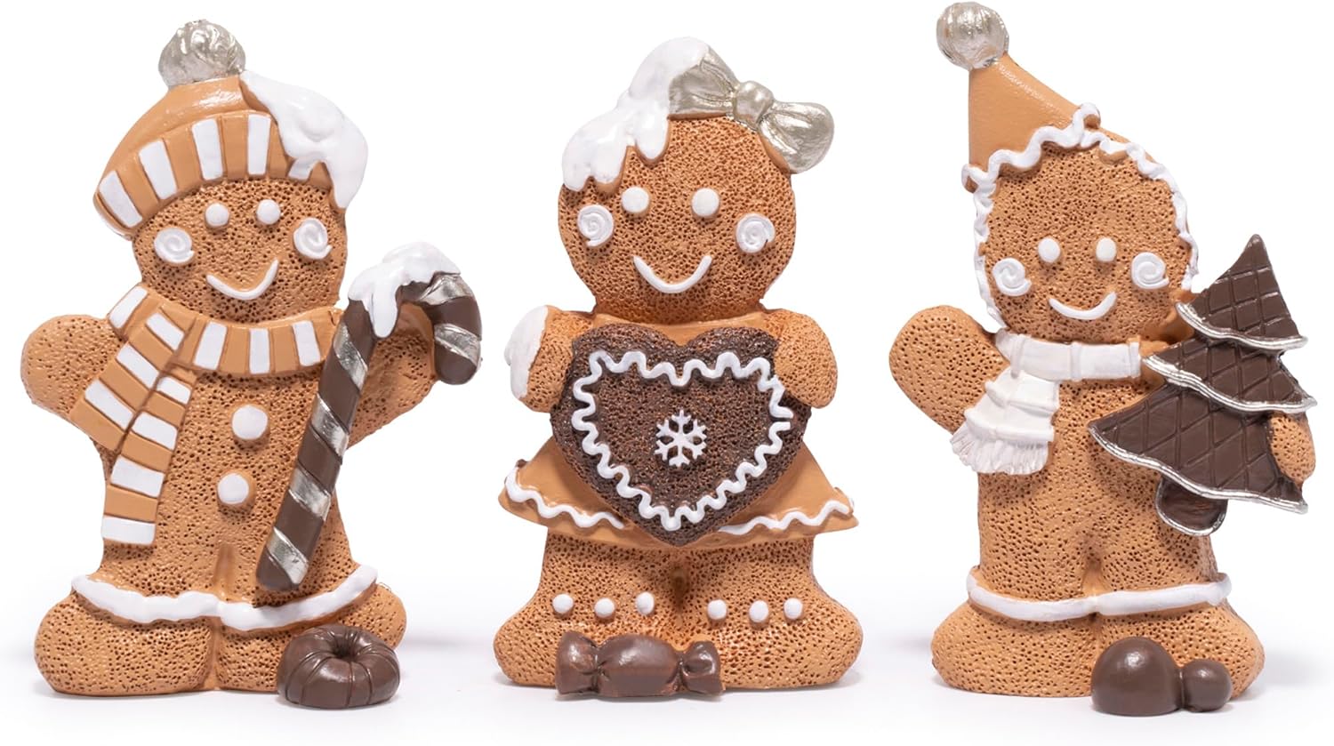 Hodao Christmas Gingerbread Figurines Set of 3, Cute Gingerbread Men Holding Heart, Candy Cane & Christmas Tree, Holiday Party Tabletop Decoration for Home, Kitchen, Living Room Decor