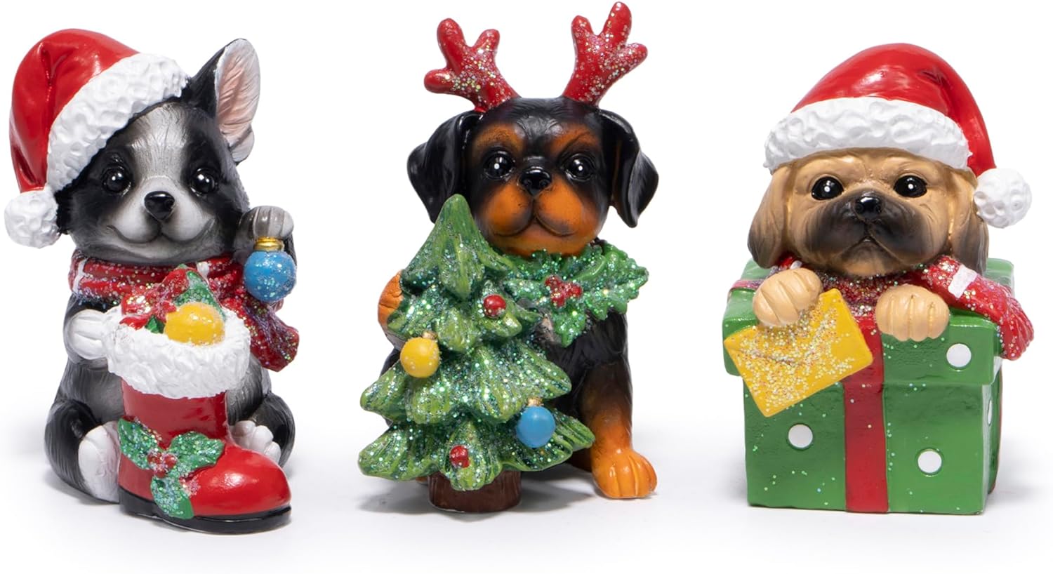 Hodao Christmas Puppy Figurines Set of 3 – Mini Resin Dog Ornaments with Santa Hat, Reindeer Antlers & Gift Box – 3.25in Tabletop Decor for Indoor Home Decorations, Cute Holiday Collectible Gift