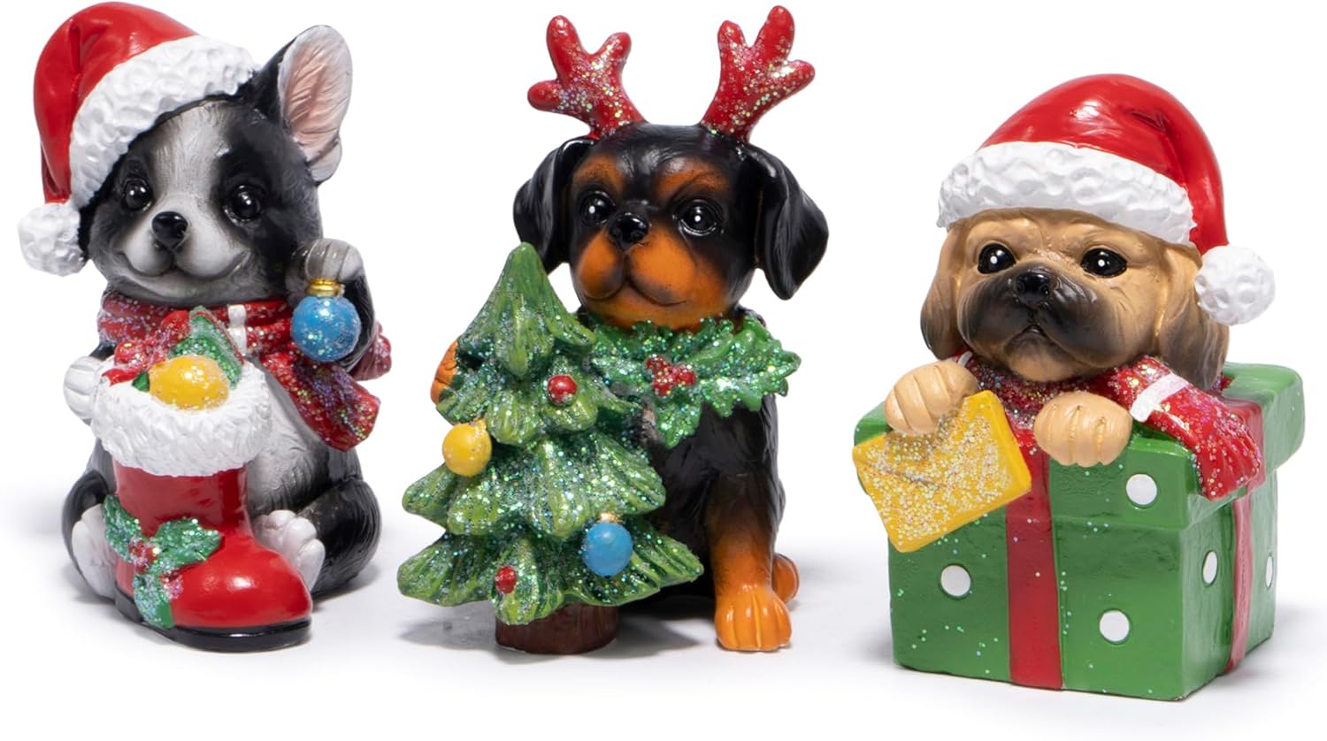 Hodao Christmas Puppy Figurines Set of 3 – Mini Resin Dog Ornaments with Santa Hat, Reindeer Antlers & Gift Box – 3.25in Tabletop Decor for Indoor Home Decorations, Cute Holiday Collectible Gift