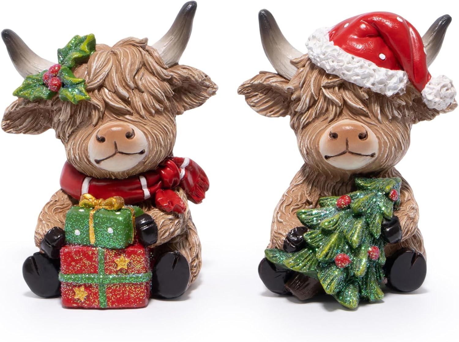 Hodao 2PCS Christmas Highland Cow Figurines Decoration with Christmas Tree & Gift Box, Xmas Holiday Highland Cow Decor for Home Tabletop Mantel Christmas Celebration - 3.75 Inch
