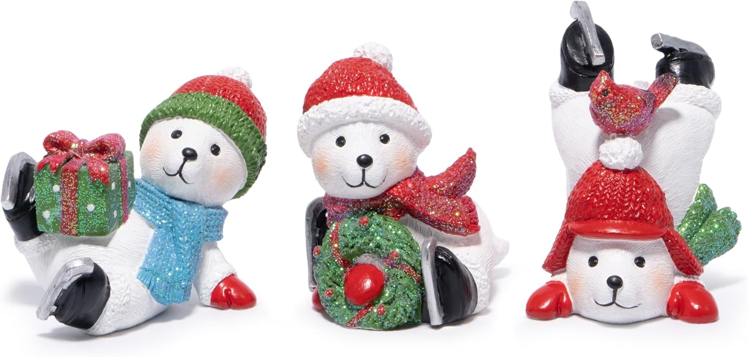 Hodao Christmas Polar Bear Figurines Set of 3 – Hand-Painted Resin with Santa Hats, Wreath, Present & Cardinal – Winter Holiday Decor & Gift for Tabletop, Mantel, Tiered Tray, Windowsill