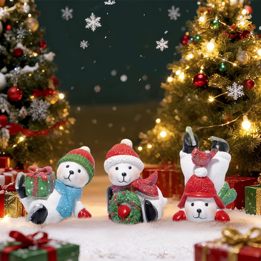 Hodao Christmas Polar Bear Figurines Set of 3 – Hand-Painted Resin with Santa Hats, Wreath, Present & Cardinal – Winter Holiday Decor & Gift for Tabletop, Mantel, Tiered Tray, Windowsill