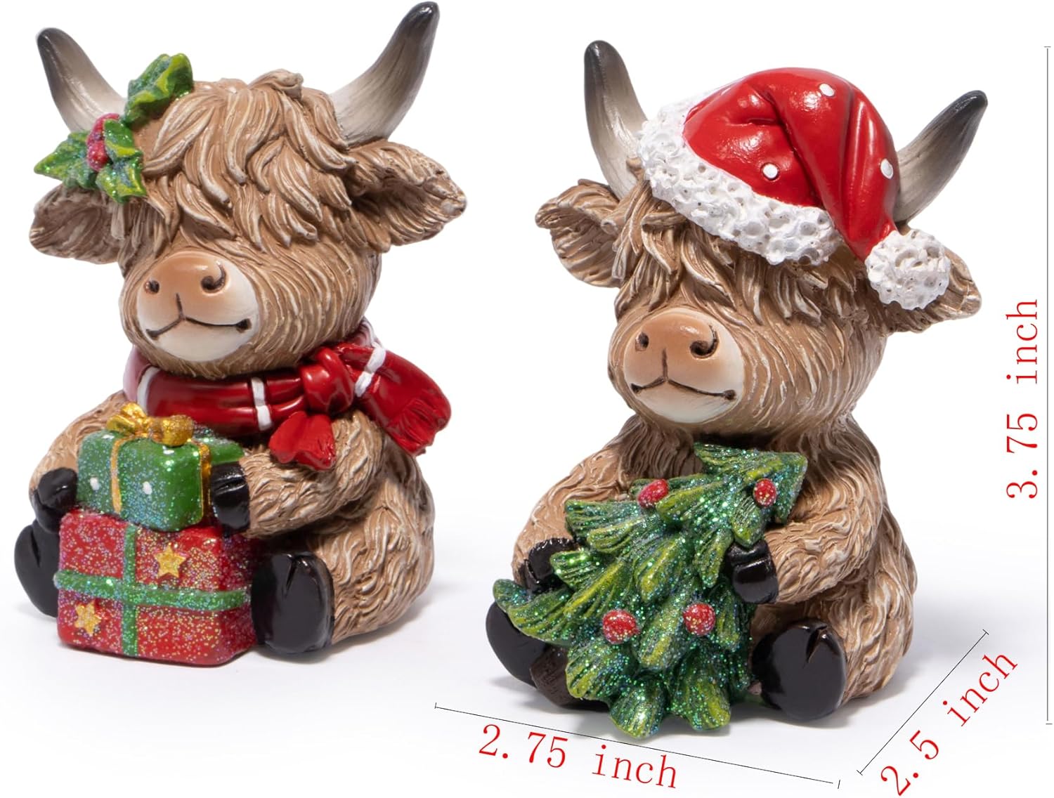 Hodao 2PCS Christmas Highland Cow Figurines Decoration with Christmas Tree & Gift Box, Xmas Holiday Highland Cow Decor for Home Tabletop Mantel Christmas Celebration - 3.75 Inch