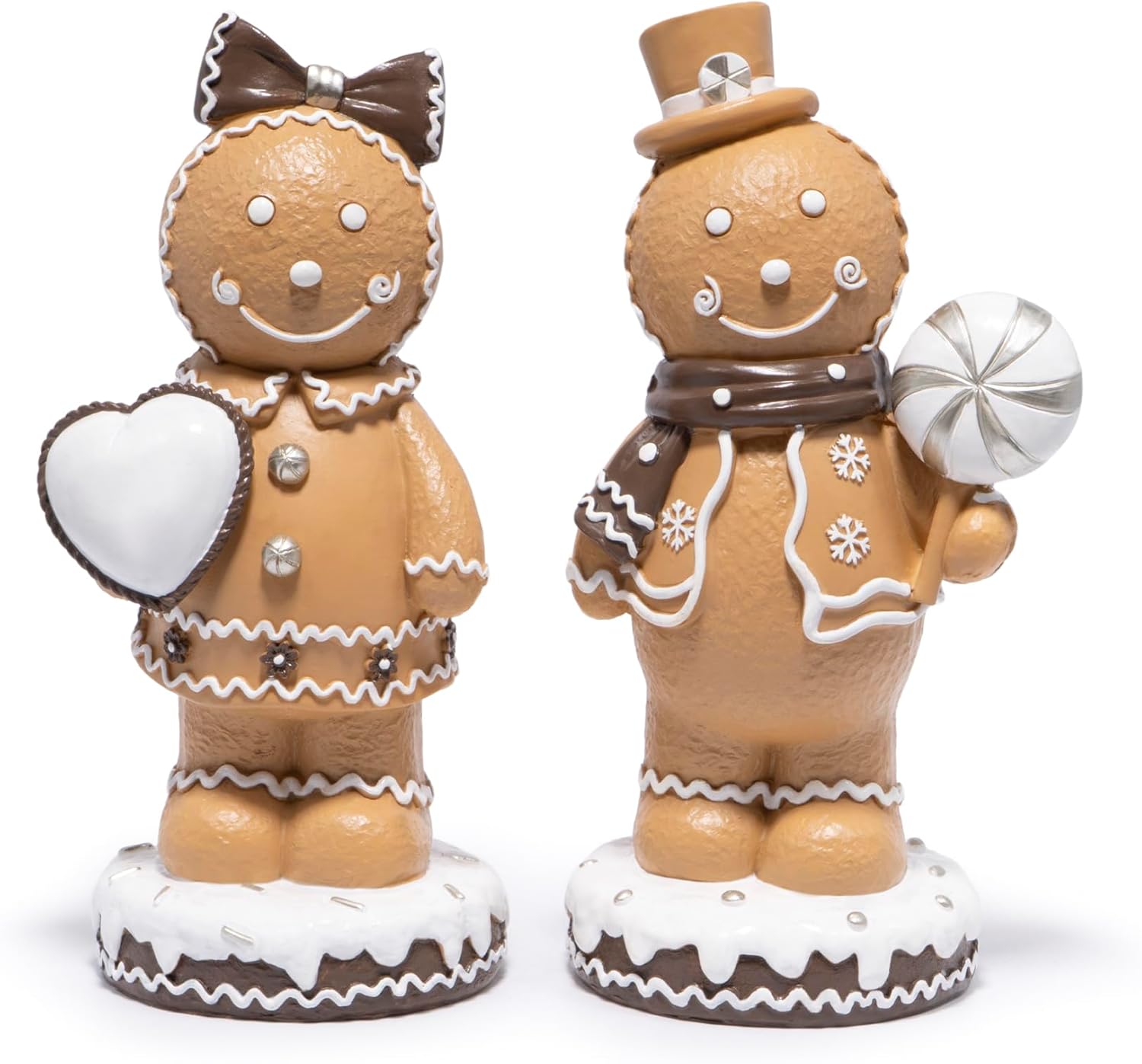 Hodao Gingerbread Couple Figurines Set of 2 – Resin Christmas Decorations for Home, Indoor Table Decor, Cute Gingerbread Man & Girl Ornaments with Heart and Candy, 7.5" Tall Mini Collectible Gift