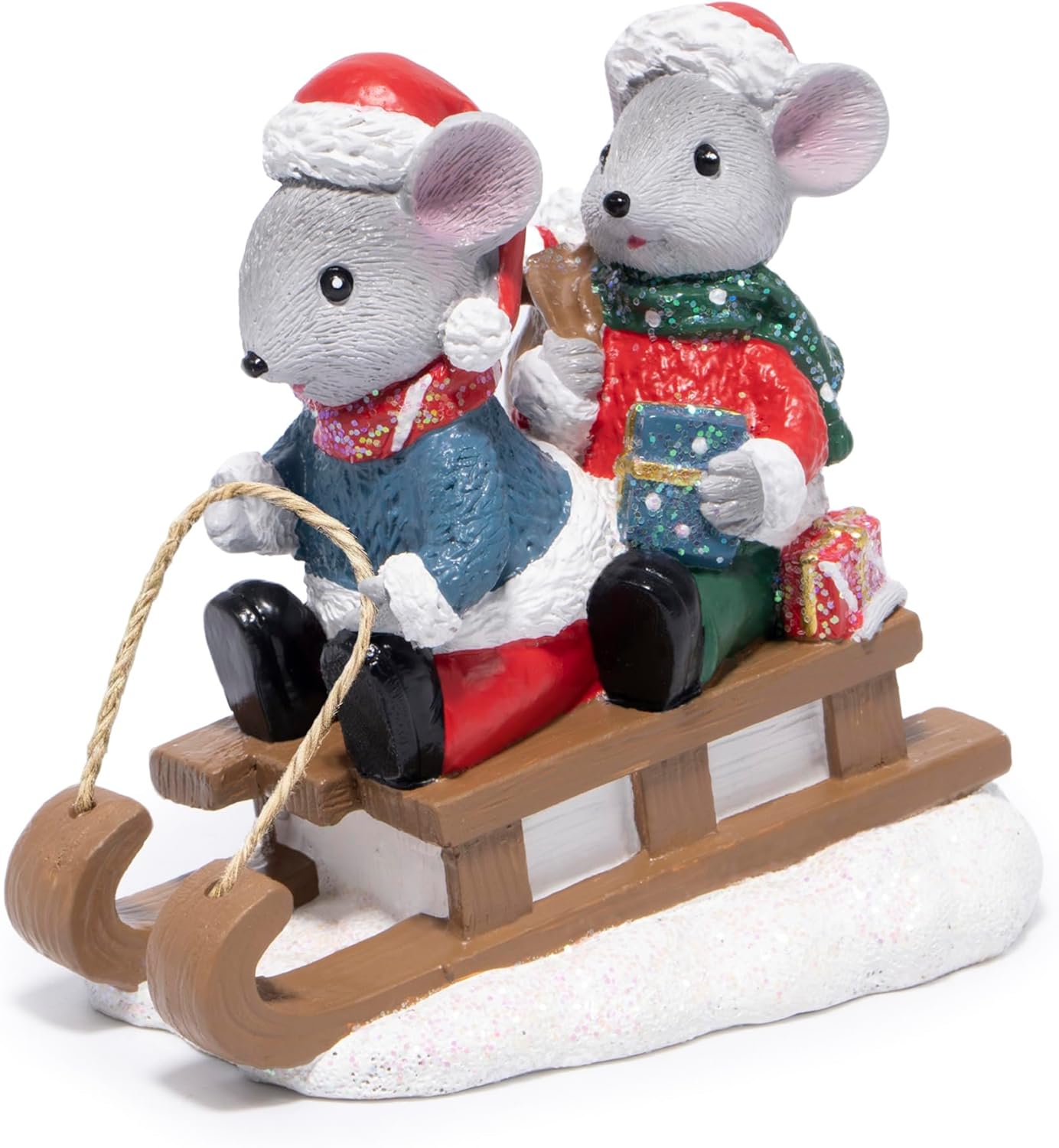 Hodao Christmas Mouse Figurines with Sleigh – Adorable Holiday Decoration Mice in Santa Hats, Festival Christmas Home Decor, Table Centerpiece, Winter Gifts