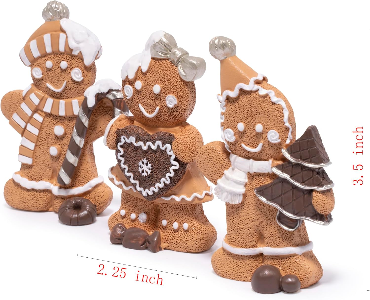 Hodao Christmas Gingerbread Figurines Set of 3, Cute Gingerbread Men Holding Heart, Candy Cane & Christmas Tree, Holiday Party Tabletop Decoration for Home, Kitchen, Living Room Decor