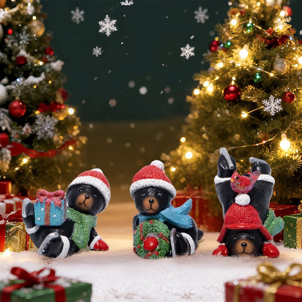 Hodao Christmas Polar Bear Figurines Set of 3 – Hand-Painted Resin with Santa Hats, Wreath, Present & Cardinal – Winter Holiday Decor & Gift for Tabletop, Mantel, Tiered Tray, Windowsill