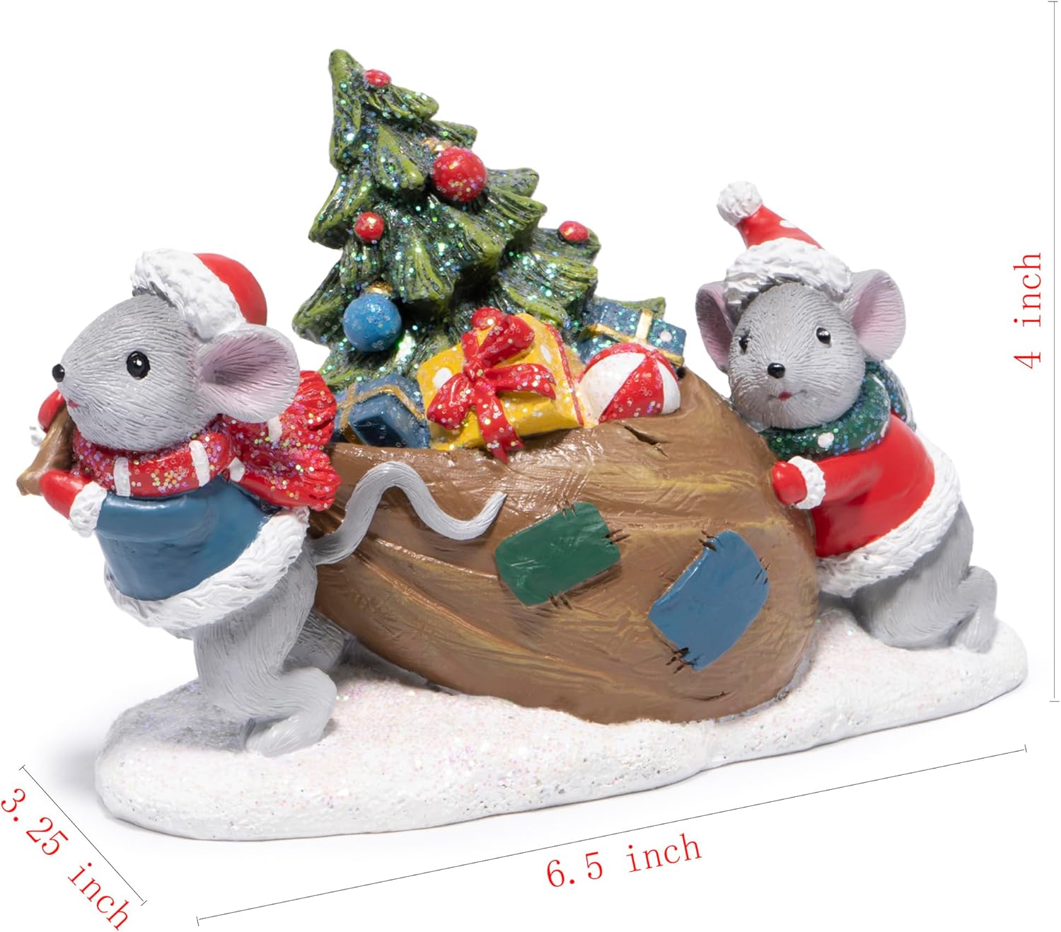 Hodao Christmas Mice Figurines with Gifts – Holiday Mouse Decorations with Xmas Hat Details – Festive Christmas Table, Mantel, and Home Decor Ornaments