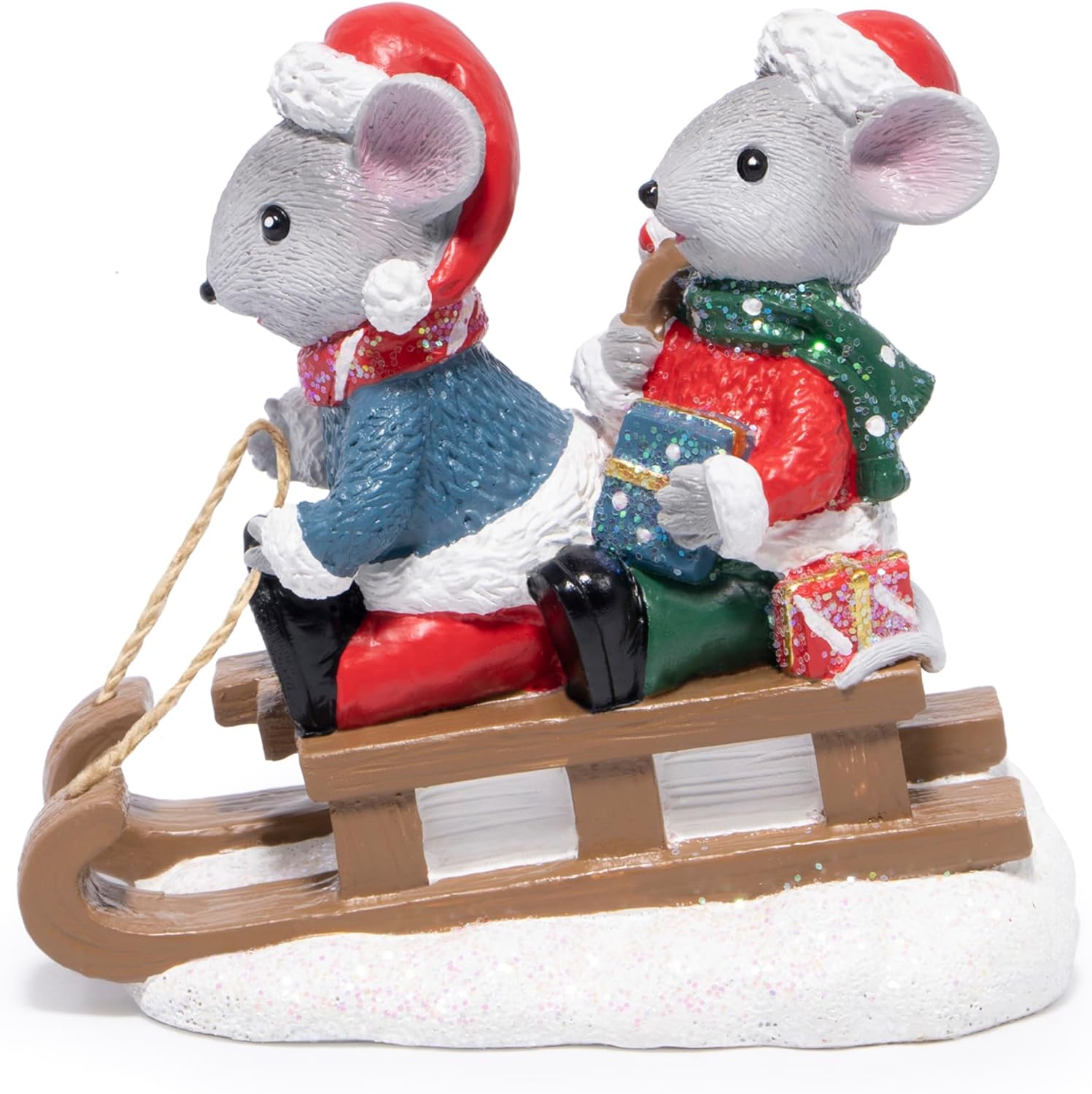 Hodao Christmas Mouse Figurines with Sleigh – Adorable Holiday Decoration Mice in Santa Hats, Festival Christmas Home Decor, Table Centerpiece, Winter Gifts