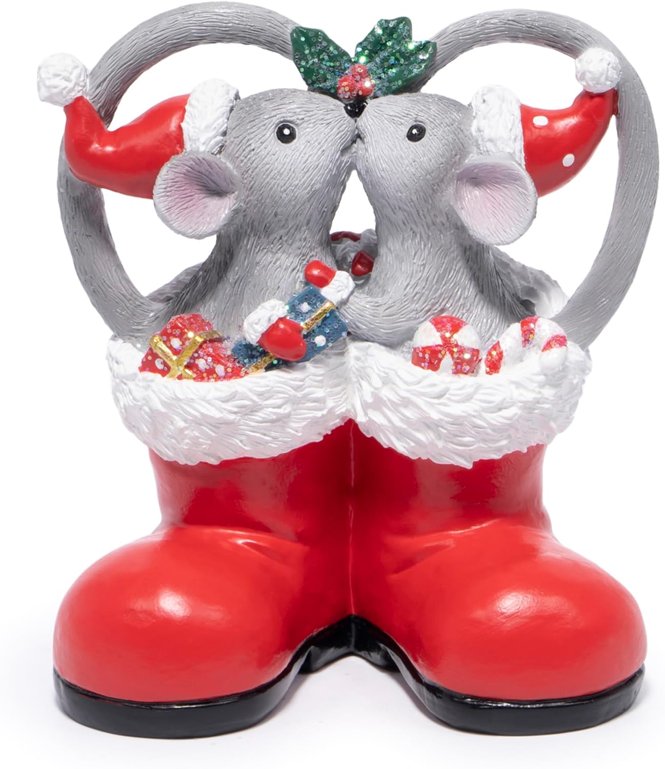 Hodao Christmas Mouse Figurines in Red Santa Shoe – Cute Holiday Couple with Gifts & Ornaments, Festive Home Table Shelf, Entryway, Mantel Decoration