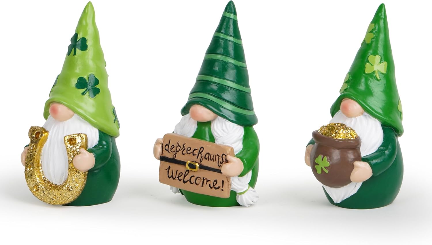 Hodao St. Patrick’s Gnomes Figurines— Hand-Painted Resin Leprechaun Gnomes with Pot of Gold, Horseshoe & Shamrock, Lucky Green Home Decor & Gift