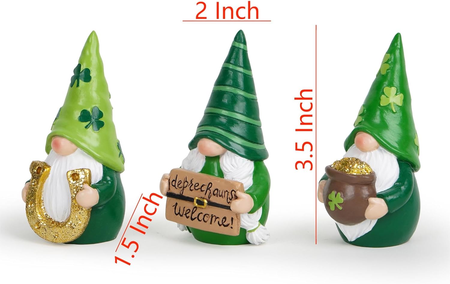Hodao St. Patrick’s Gnomes Figurines— Hand-Painted Resin Leprechaun Gnomes with Pot of Gold, Horseshoe & Shamrock, Lucky Green Home Decor & Gift