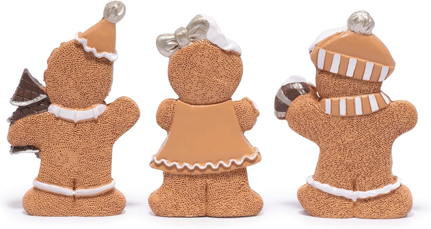 Hodao Christmas Gingerbread Figurines Set of 3, Cute Gingerbread Men Holding Heart, Candy Cane & Christmas Tree, Holiday Party Tabletop Decoration for Home, Kitchen, Living Room Decor