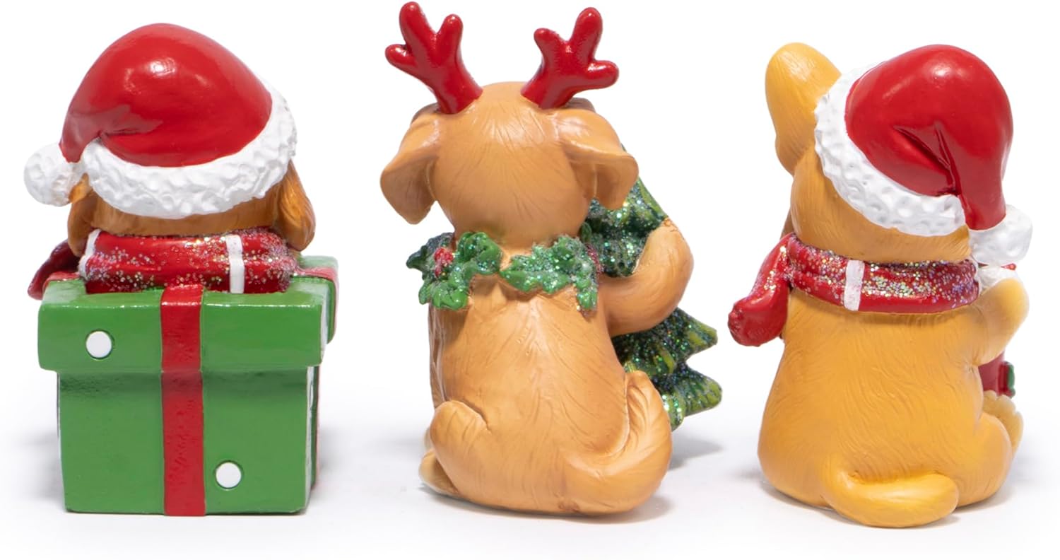 Hodao Christmas Puppy Figurines Set of 3 – Mini Resin Dog Ornaments with Santa Hat, Reindeer Antlers & Gift Box – 3.25in Tabletop Decor for Indoor Home Decorations, Cute Holiday Collectible Gift
