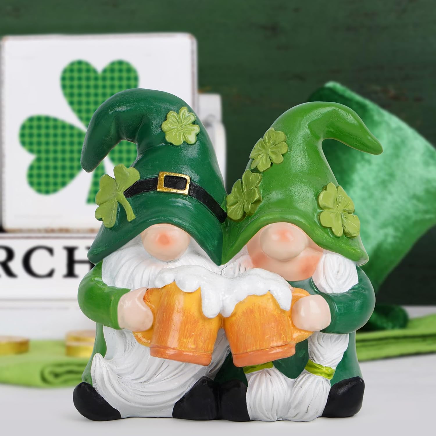 Hodao St. Patrick’s Day Gnome Couple — Green Gnomes with Shamrock & Beer, Resin Tabletop Decor for Mantel, Shelf & Bar | Lucky