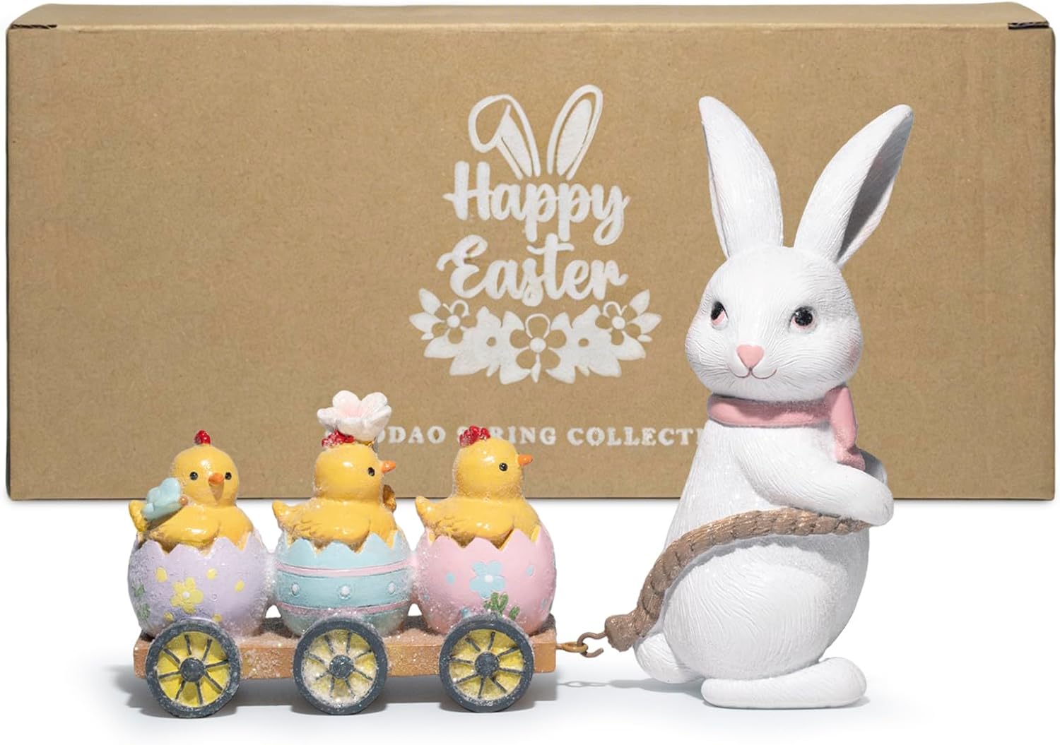 Hodao Easter Bunny Pulling Cart Figurine – Rabbit with Chicks in Painted Egg Wagon, Spring Tabletop Decor for Mantel & Tiered Tray, Giftable with “Happy Easter” Box Packaging