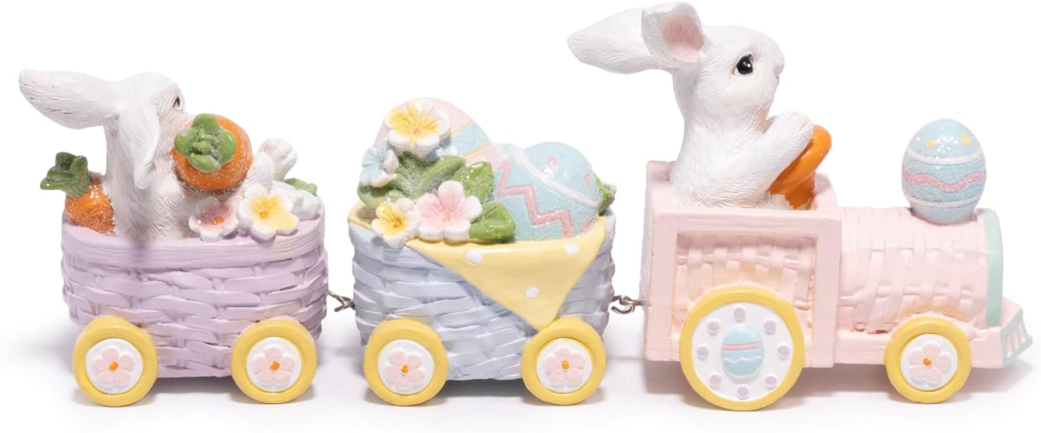 Hodao Happy Easter Bunny Train Figurine – Pastel Pink Spring Tabletop Decor with Egg & Basket Carts, Cute Rabbit Home Accent for Mantel, Shelf & Tiered Tray, Giftable Easter Decoration