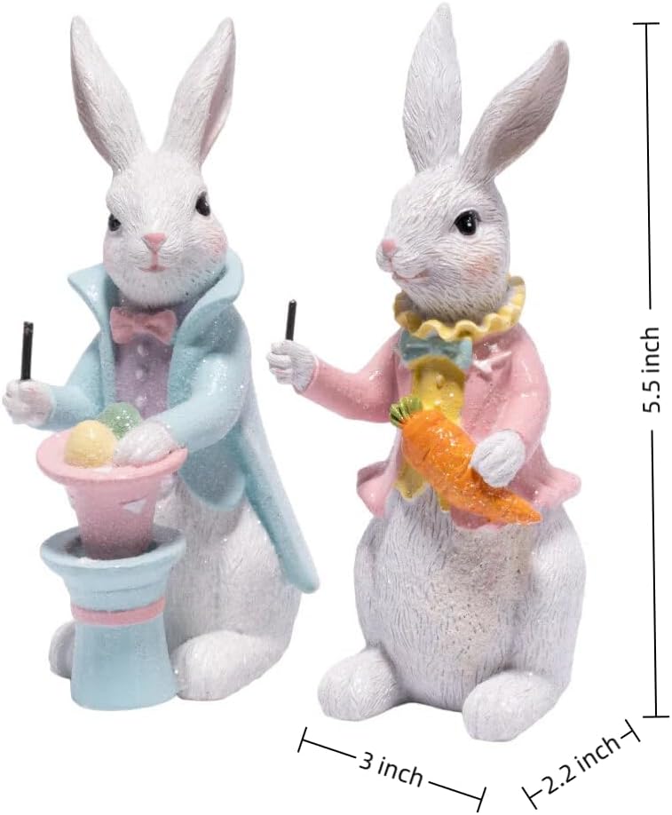 Hodao Easter Bunny Figurines Set of 2 – Gentleman Rabbit Pair with Pastel Coats & Spring Props, Cute Tabletop Decor for Mantel, Shelf & Tiered Tray, Giftable Easter Home Accent