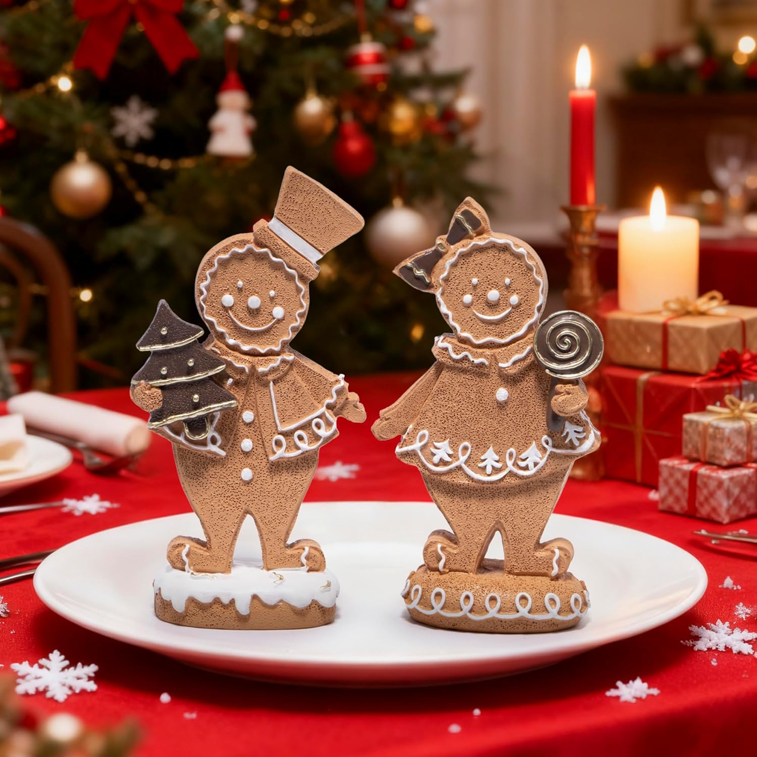 Hodao Gingerbread Couple Figurines – Christmas Resin Decorations for Indoor Home Decor, Cute Gingerbread Man and Woman Ornaments, Holiday Figurines for Living Room, Bedroom, Table, and Gift