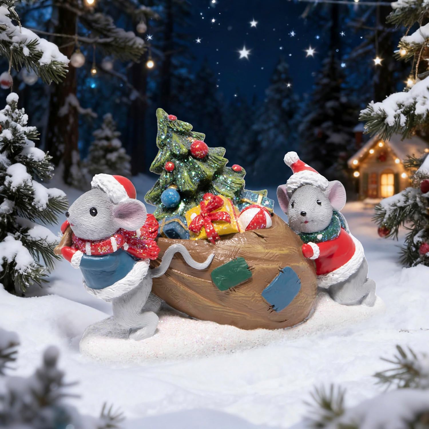 Hodao Christmas Mice Figurines with Gifts – Holiday Mouse Decorations with Xmas Hat Details – Festive Christmas Table, Mantel, and Home Decor Ornaments