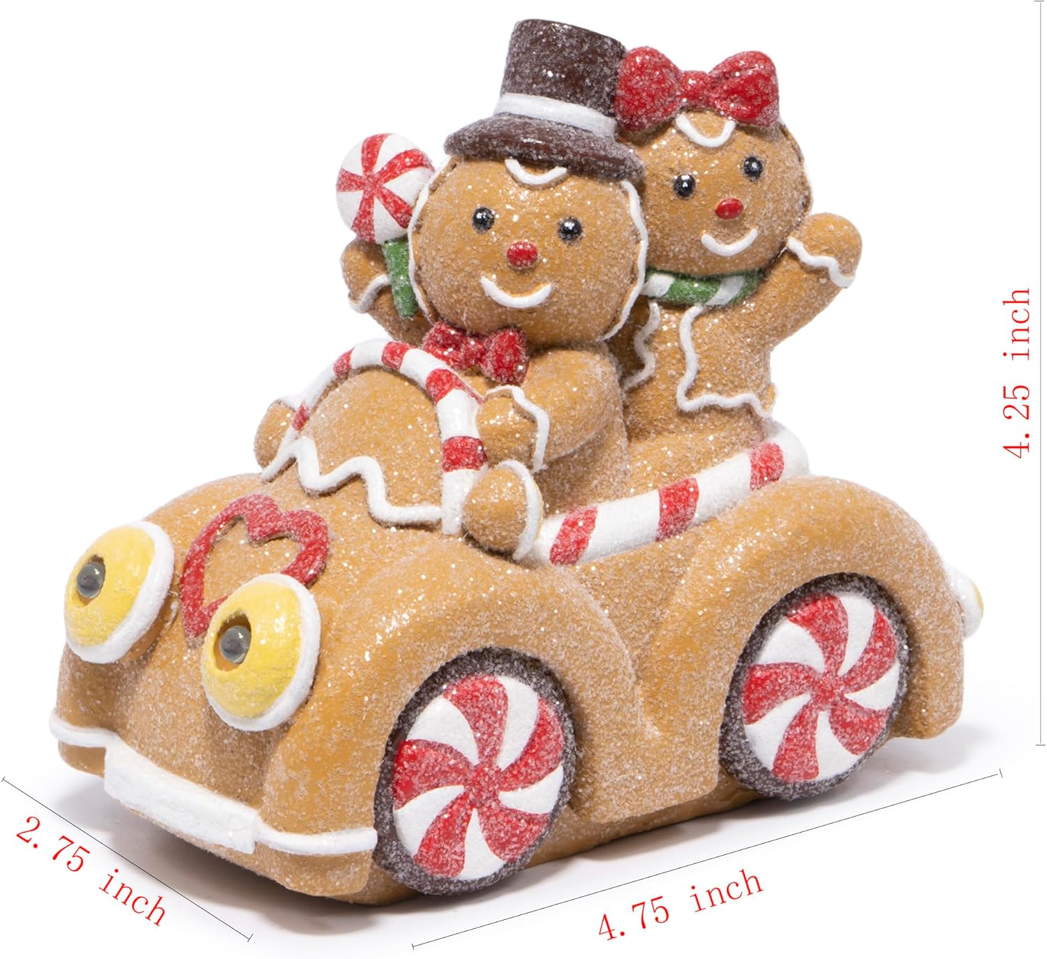 Hodao Christmas Gingerbread Car Decoration – Gingerbread Couple Figurine Driving Holiday Car with Lights, Festive Christmas Ornament for Home, Table, Mantel, Living Room Decor