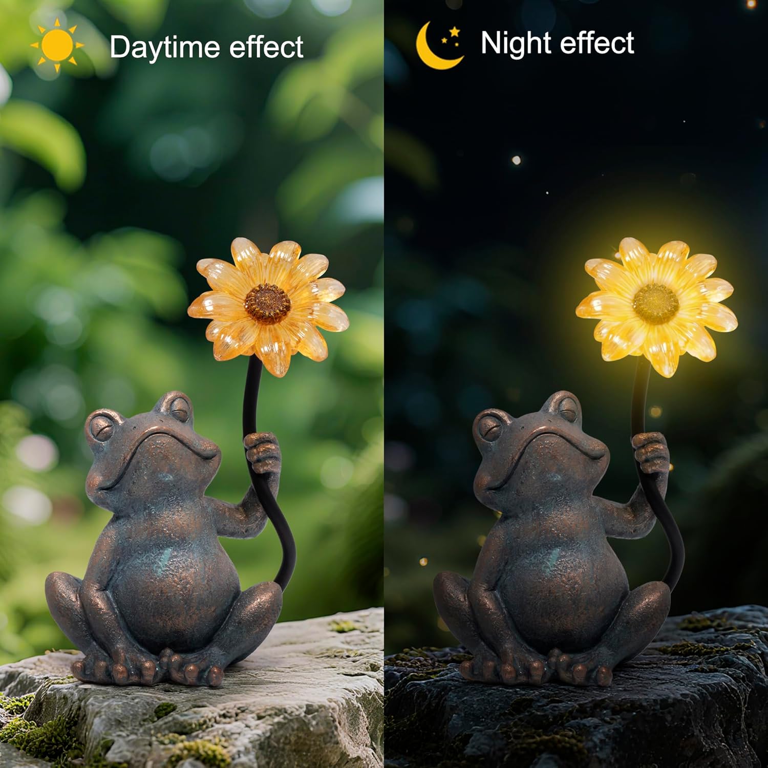 Hodao  Solar Frog Statue with Glowing Sunflower Light, Outdoor Garden Frog Figurine Decor for Yard Lawn Patio, Resin Solar Animal Sculpture with LED Light for Garden Landscape Decoration