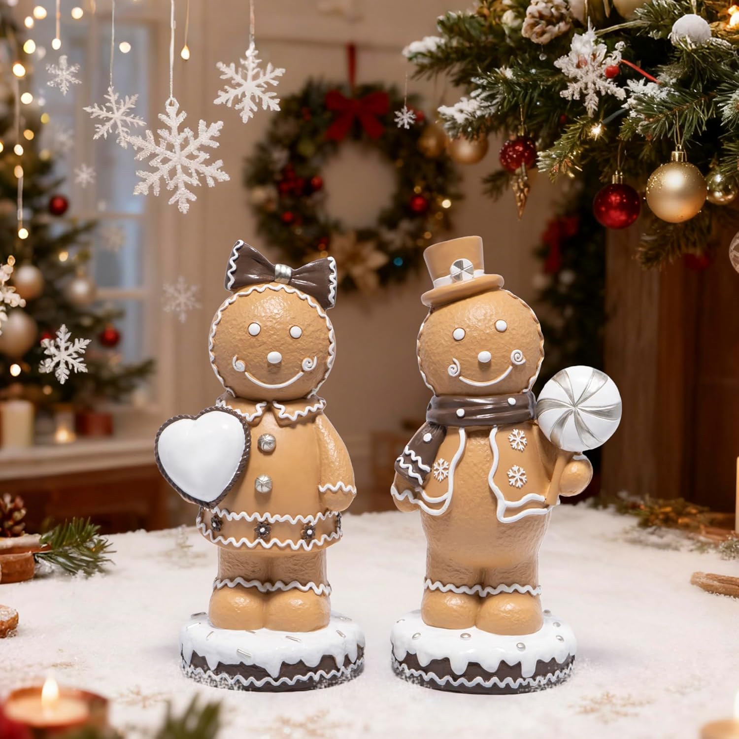 Hodao Gingerbread Couple Figurines Set of 2 – Resin Christmas Decorations for Home, Indoor Table Decor, Cute Gingerbread Man & Girl Ornaments with Heart and Candy, 7.5" Tall Mini Collectible Gift